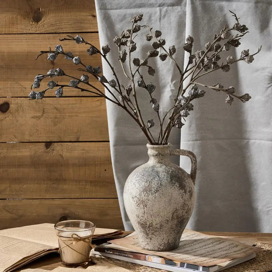 Ceramic Rustic Farmhouse Vase,8.25 inch Terracotta Vase with Handle,Neutral Clay Pot Vases Decorative Vase for Living Room,Table