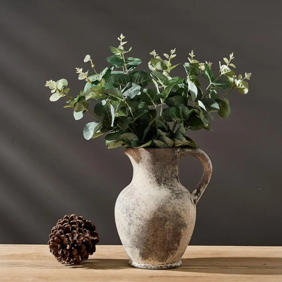 Ceramic Rustic Farmhouse Vase with Handle, Terracotta Vase, Minimalist Decorative Vases for Home Decor, Table, Living Room, Shel